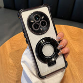 Clear shockproof case for Realme 14 Pro+ 5G featuring a strong ring stand that also acts as a grip and magnifier.