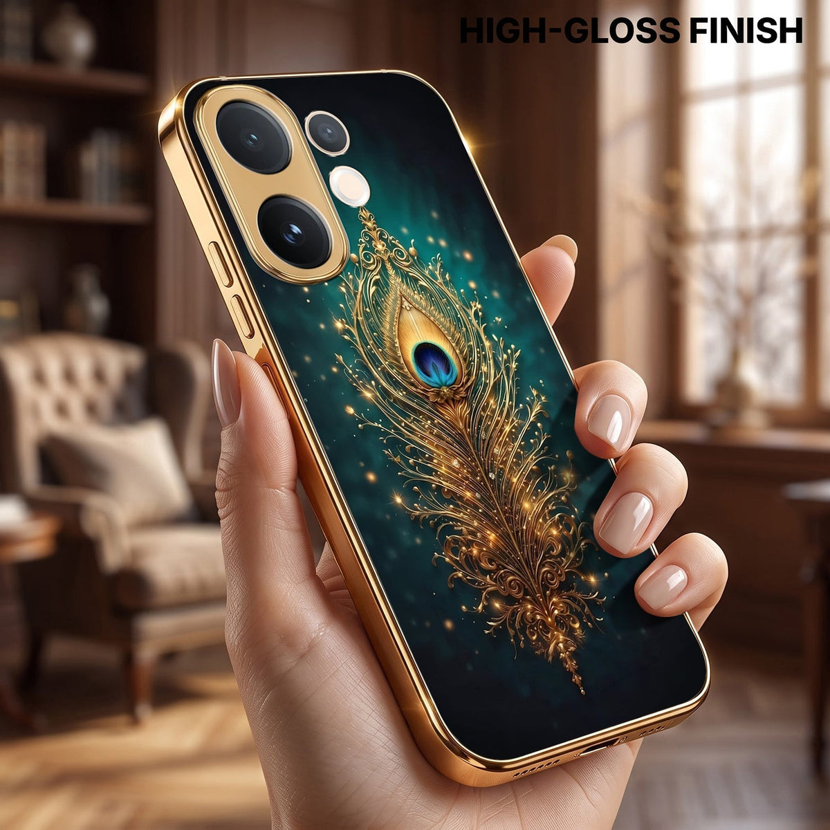 Vivo V60e 5G Golden Peacock Feather Gold Electroplated Glass Phone Back Case