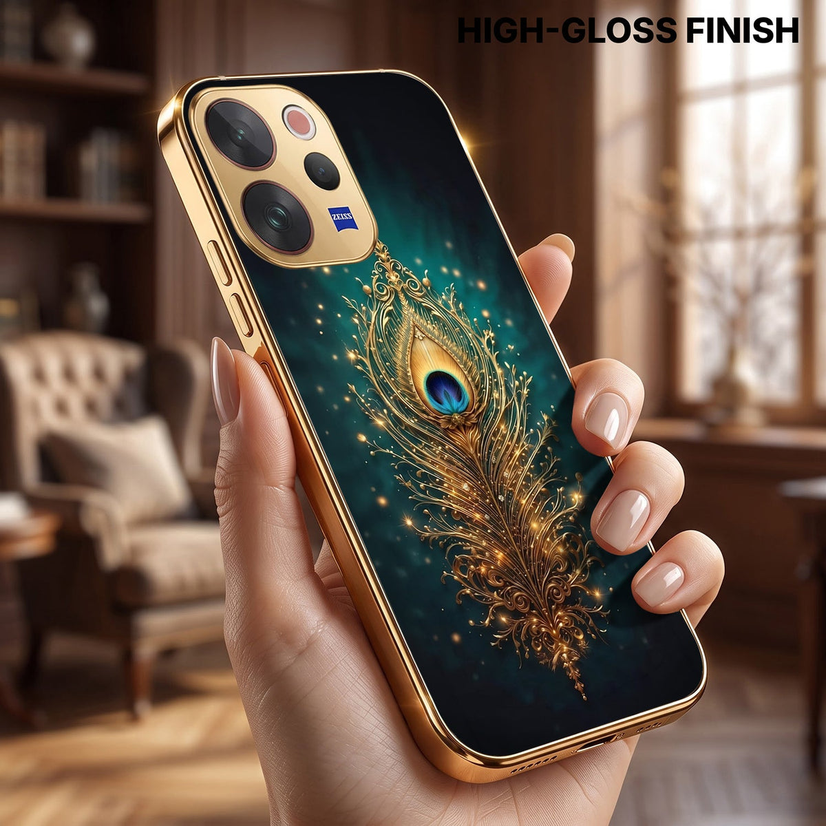 Vivo V70 5G Golden Peacock Feather Gold Electroplated Glass Phone Back Case