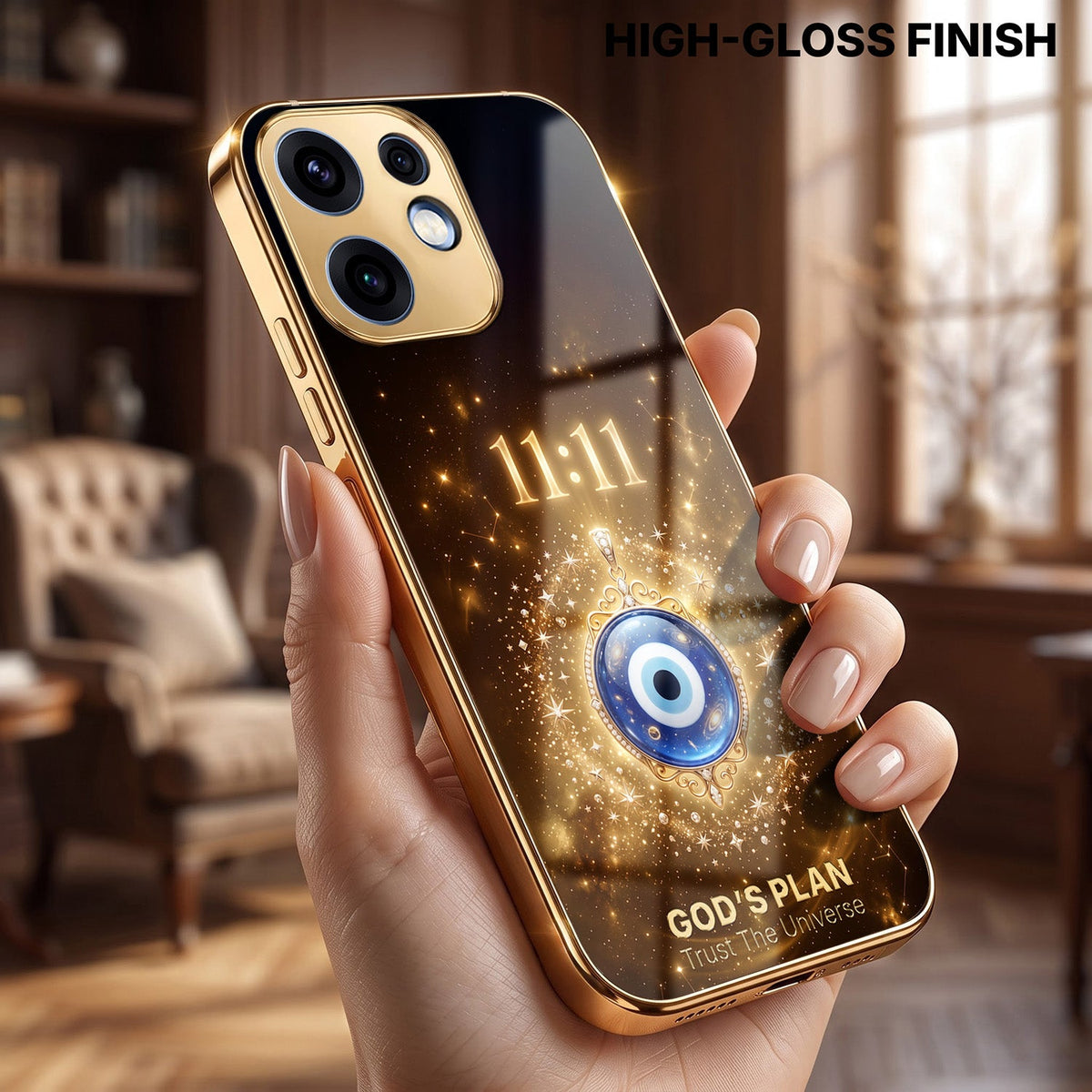 Oppo Reno 16 5G God’s Plan Evil Eye Gold Electroplated Glass Phone Back Case