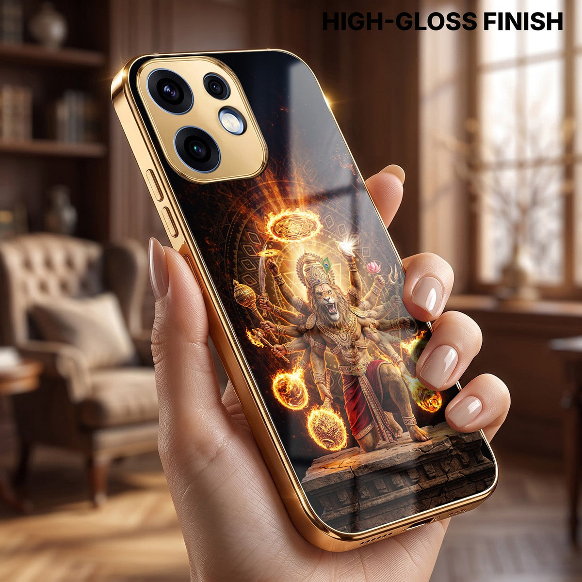 Oppo Reno 16 5G Lord Narasimha Gold Electroplated Glass Phone Back Case