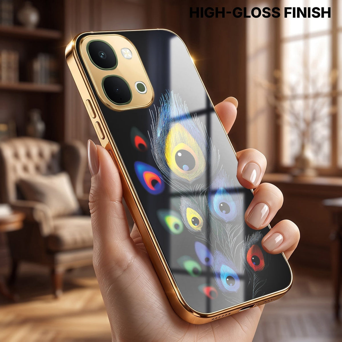 Vivo Y51 Pro 5G Multi-Feather Peacock Gold Electroplated Glass Phone Back Case