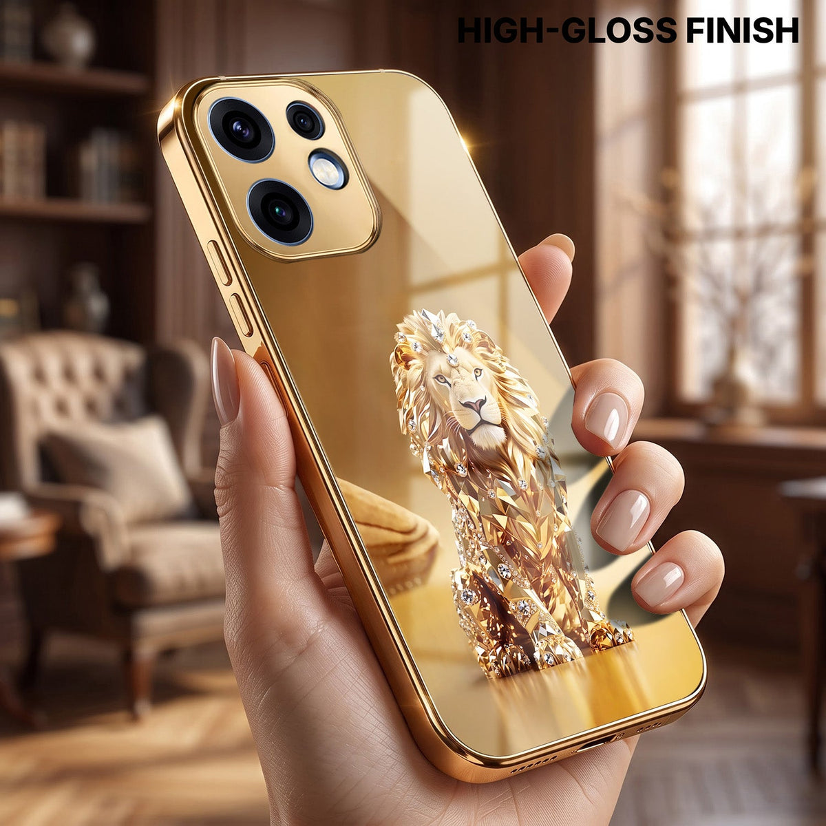 Oppo Reno 16 5G Luxury Lion Gold Electroplated Glass Phone Back Case