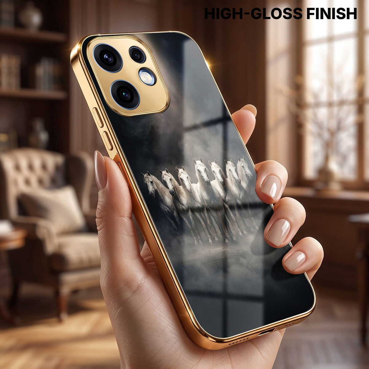 Oppo Reno 16 5G Running Horses Gold Electroplated Glass Phone Back Case