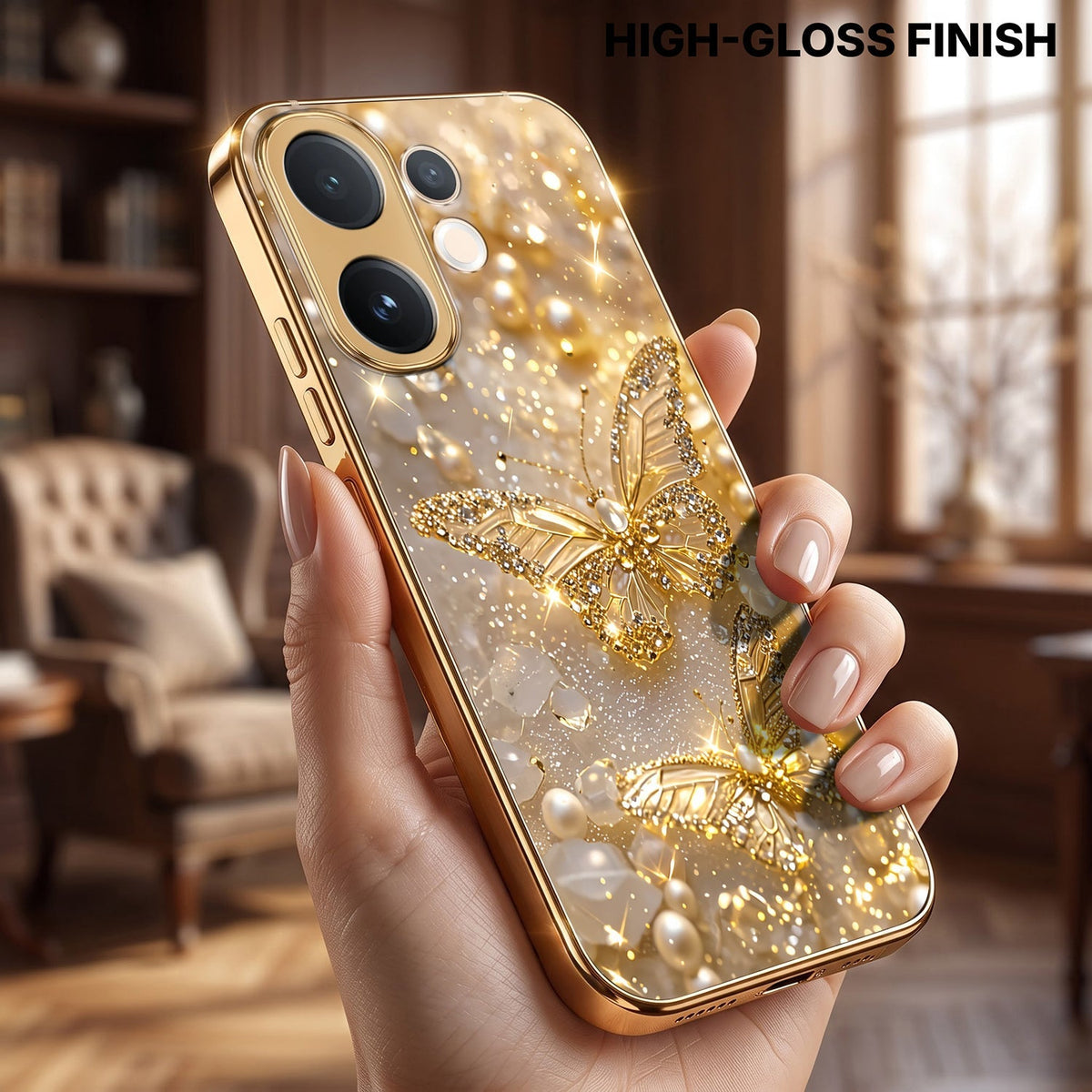 Vivo V60e 5G Golden Butterfly Gold Electroplated Glass Phone Back Case