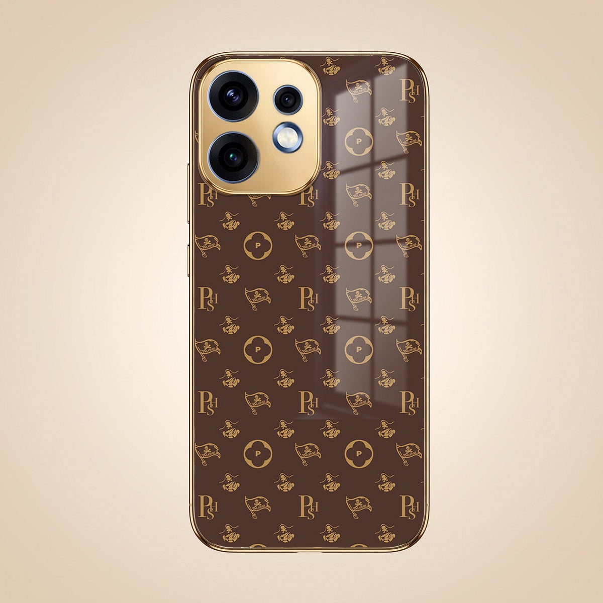 Oppo Reno 16 5G Luxury Monogram Brown Gold Electroplated Glass Phone Back Case