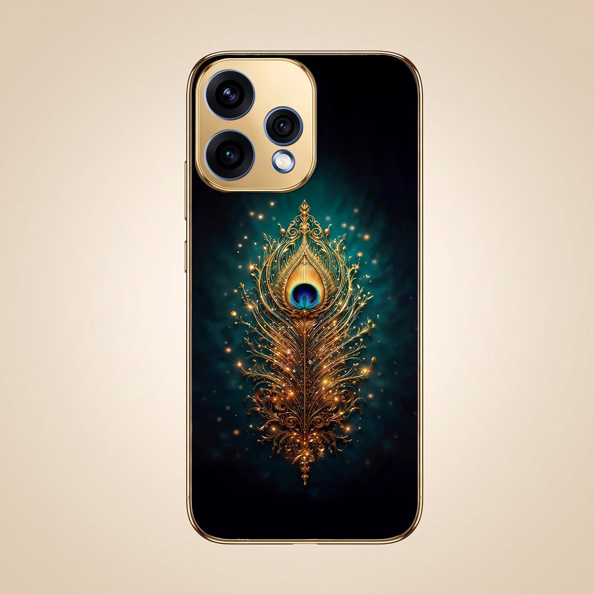Oppo Reno 15 5G Golden Peacock Feather Gold Electroplated Glass Phone Back Case