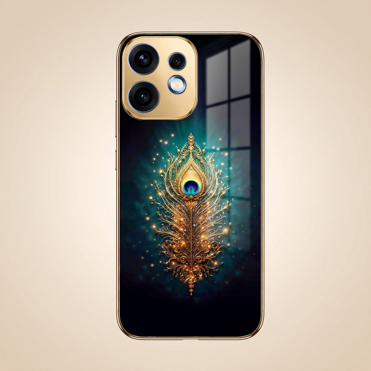 Oppo Reno 16 5G Golden Peacock Feather Gold Electroplated Glass Phone Back Case