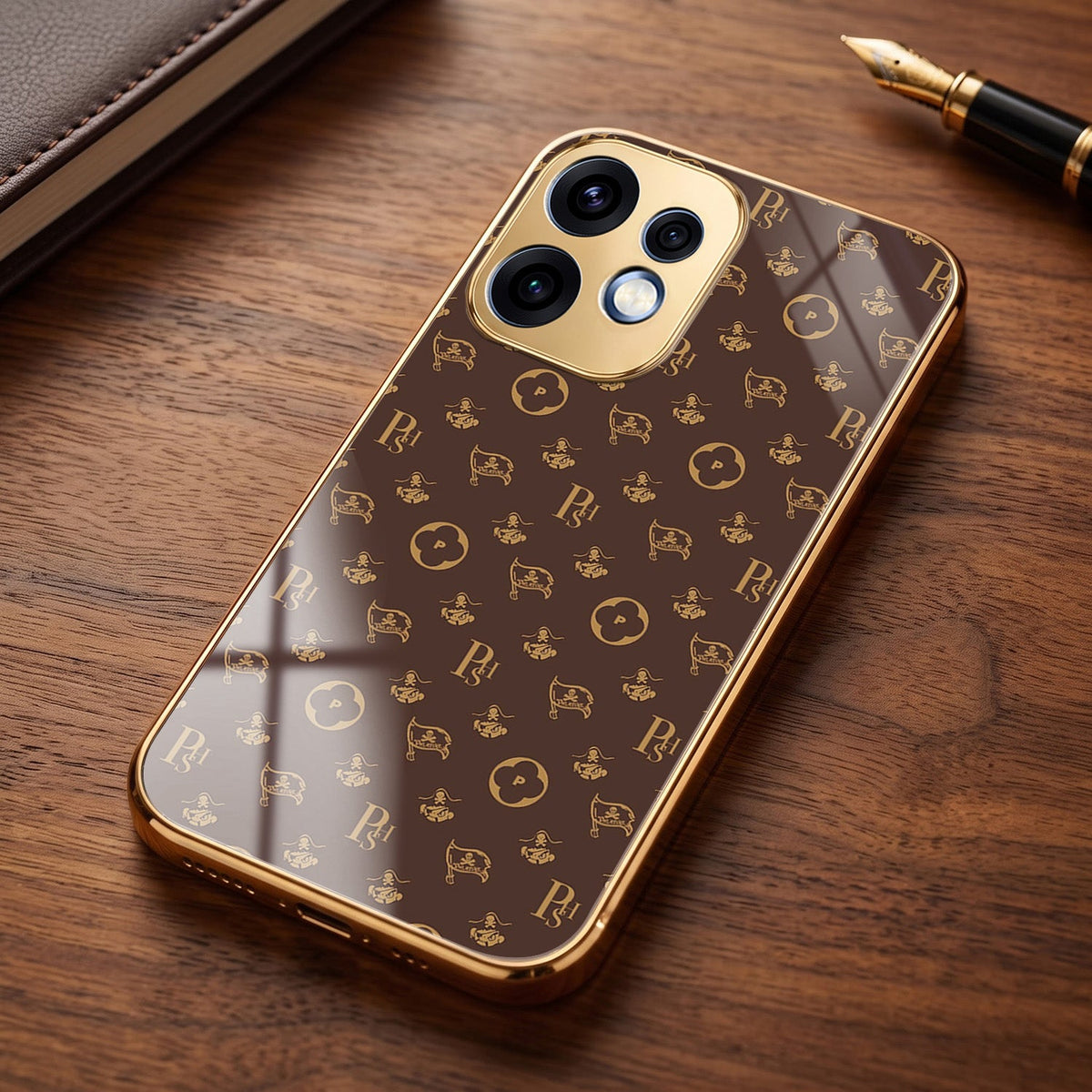 Oppo Reno 16 5G Luxury Monogram Brown Gold Electroplated Glass Phone Back Case