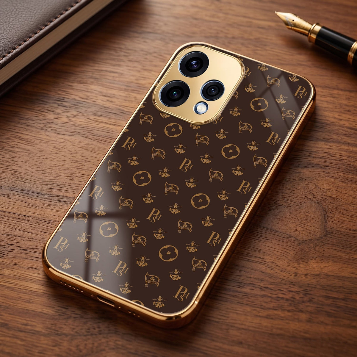 Oppo Reno 15 5G Luxury Monogram Brown Gold Electroplated Glass Phone Back Case