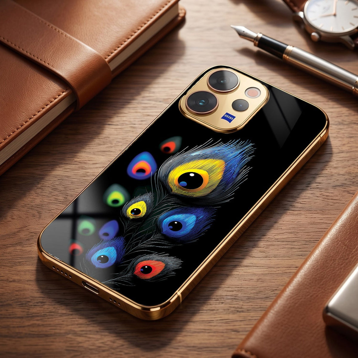 Vivo V70 5G Multi-Feather Peacock Gold Electroplated Glass Phone Back Case