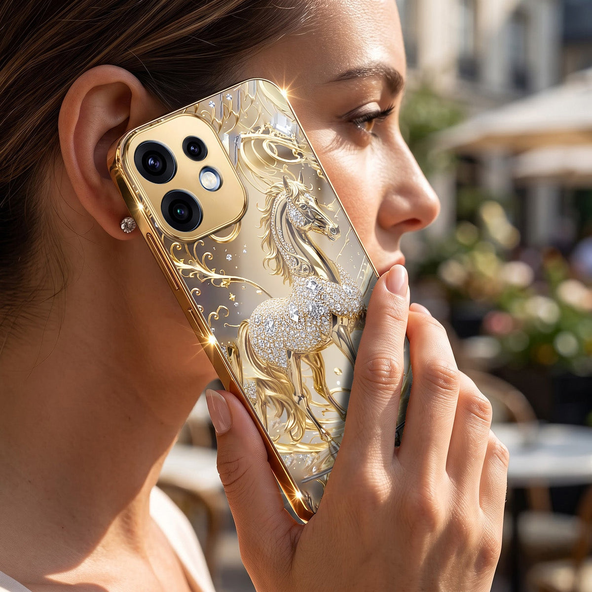 Oppo Reno 16 5G Luxury Horse Texture Gold Electroplated Glass Phone Back Case