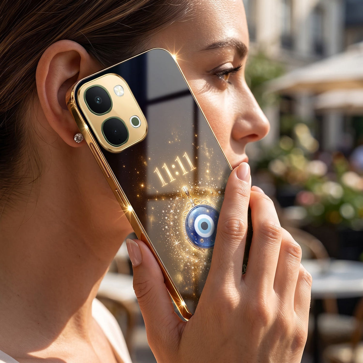 Vivo Y51 Pro 5G God’s Plan Evil Eye Gold Electroplated Glass Phone Back Case