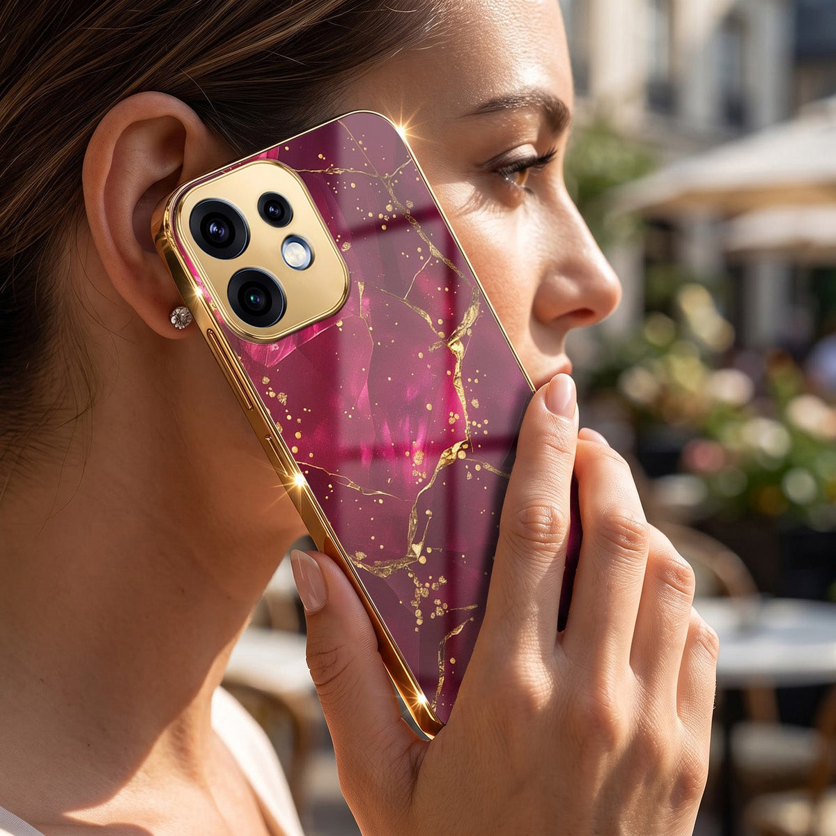 Oppo Reno 16 5G Luxury Crimson Marble Gold Electroplated Glass Phone Back Case