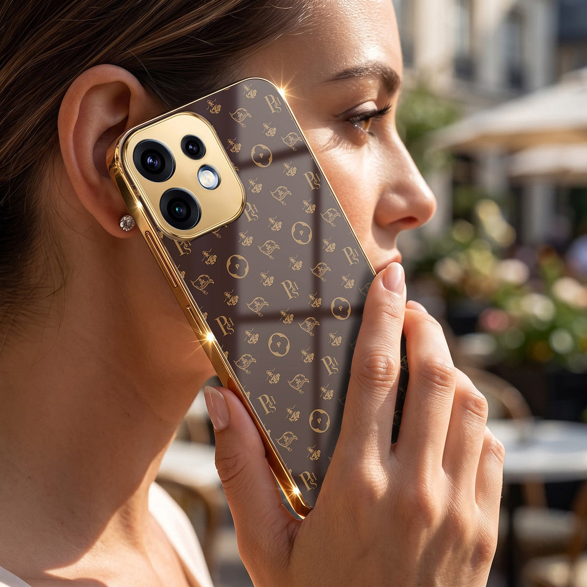Oppo Reno 16 5G Luxury Monogram Brown Gold Electroplated Glass Phone Back Case