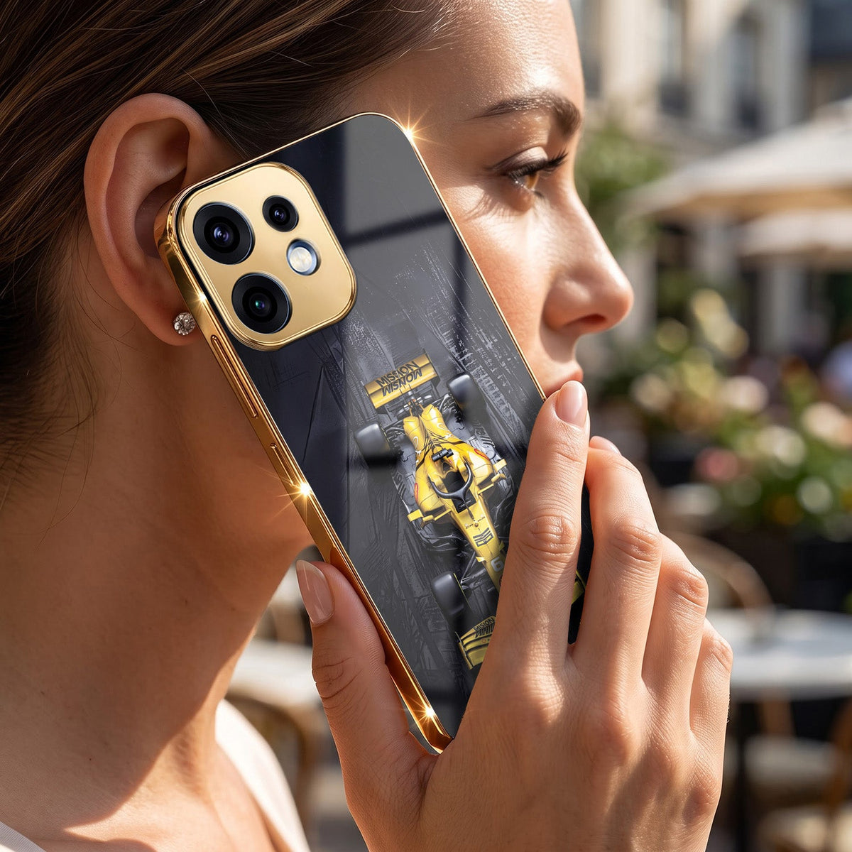 Oppo Reno 16 5G F1 Racing Car Gold Electroplated Glass Phone Back Case