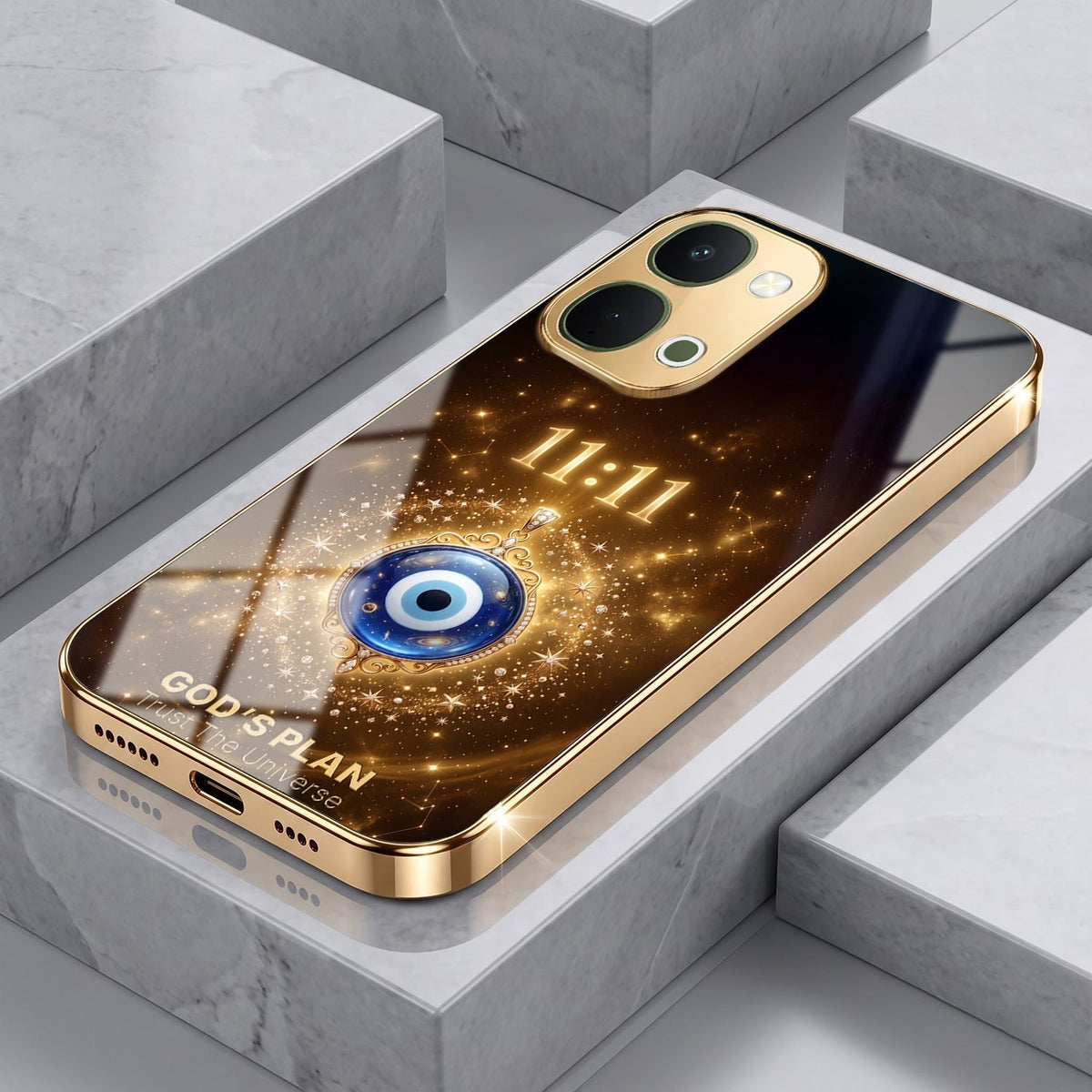 Vivo Y51 Pro 5G God’s Plan Evil Eye Gold Electroplated Glass Phone Back Case