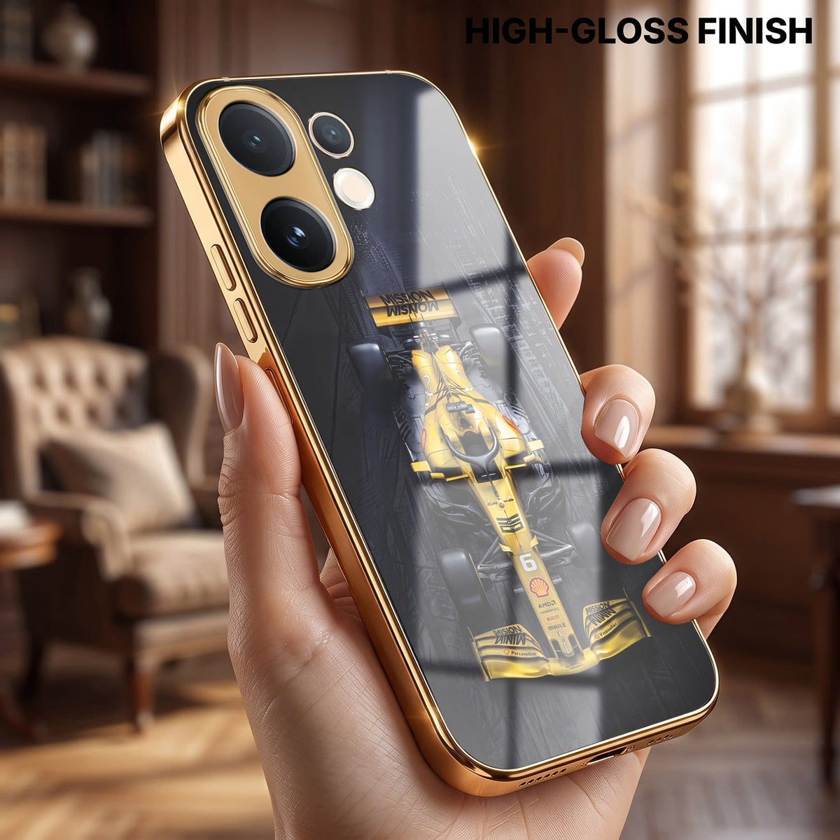 Vivo V60e 5G F1 Racing Car Gold Electroplated Glass Phone Back Case