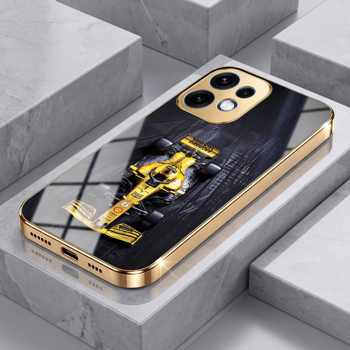 Oppo Reno 16 5G F1 Racing Car Gold Electroplated Glass Phone Back Case