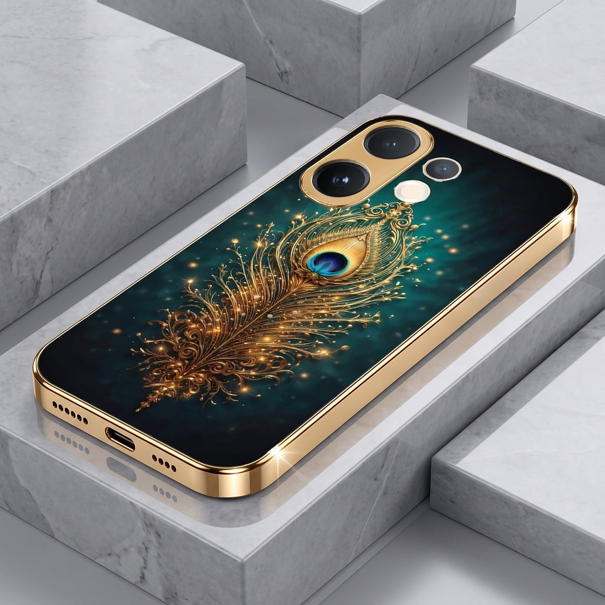 Vivo V60e 5G Golden Peacock Feather Gold Electroplated Glass Phone Back Case