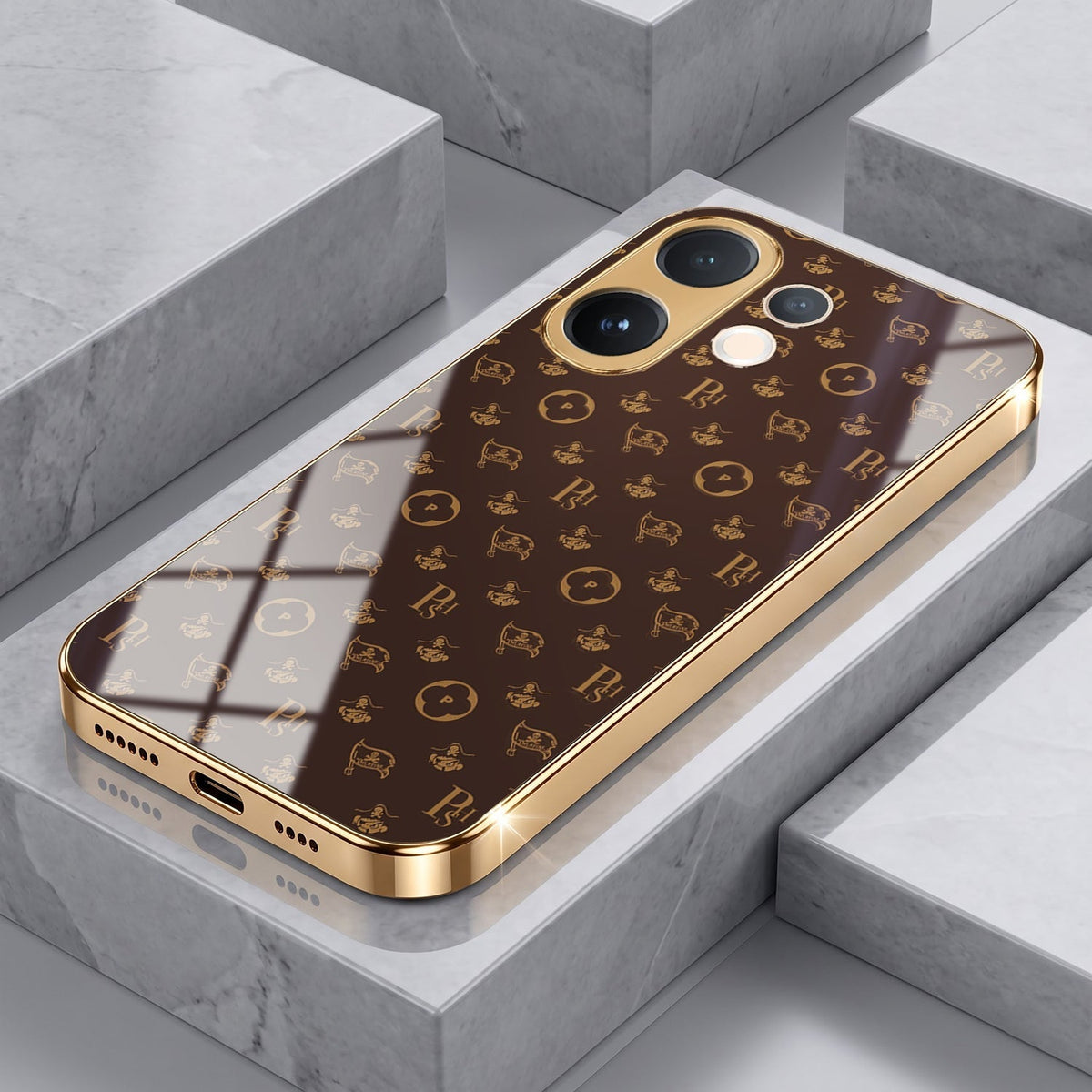Vivo V60 5G Luxury Monogram Brown Gold Electroplated Glass Phone Back Case