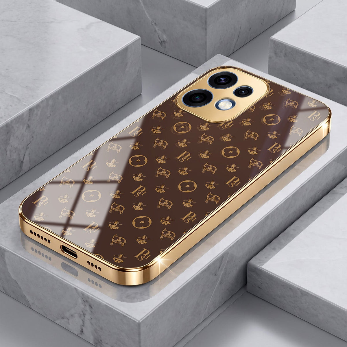 Oppo Reno 16 5G Luxury Monogram Brown Gold Electroplated Glass Phone Back Case