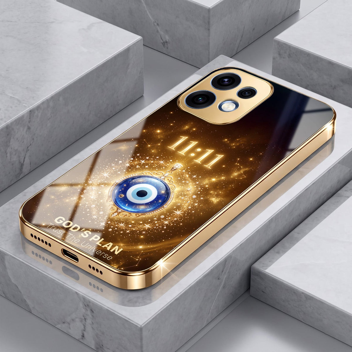 Oppo Reno 16 5G God’s Plan Evil Eye Gold Electroplated Glass Phone Back Case