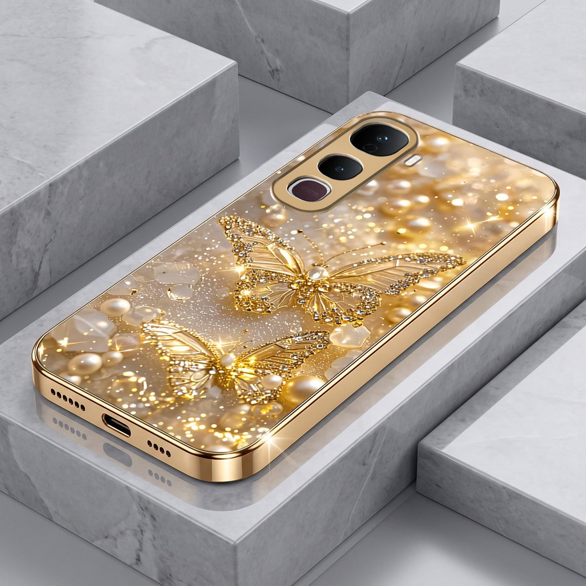 Vivo Y400 Pro 5G Golden Butterfly Gold Electroplated Glass Phone Back Case
