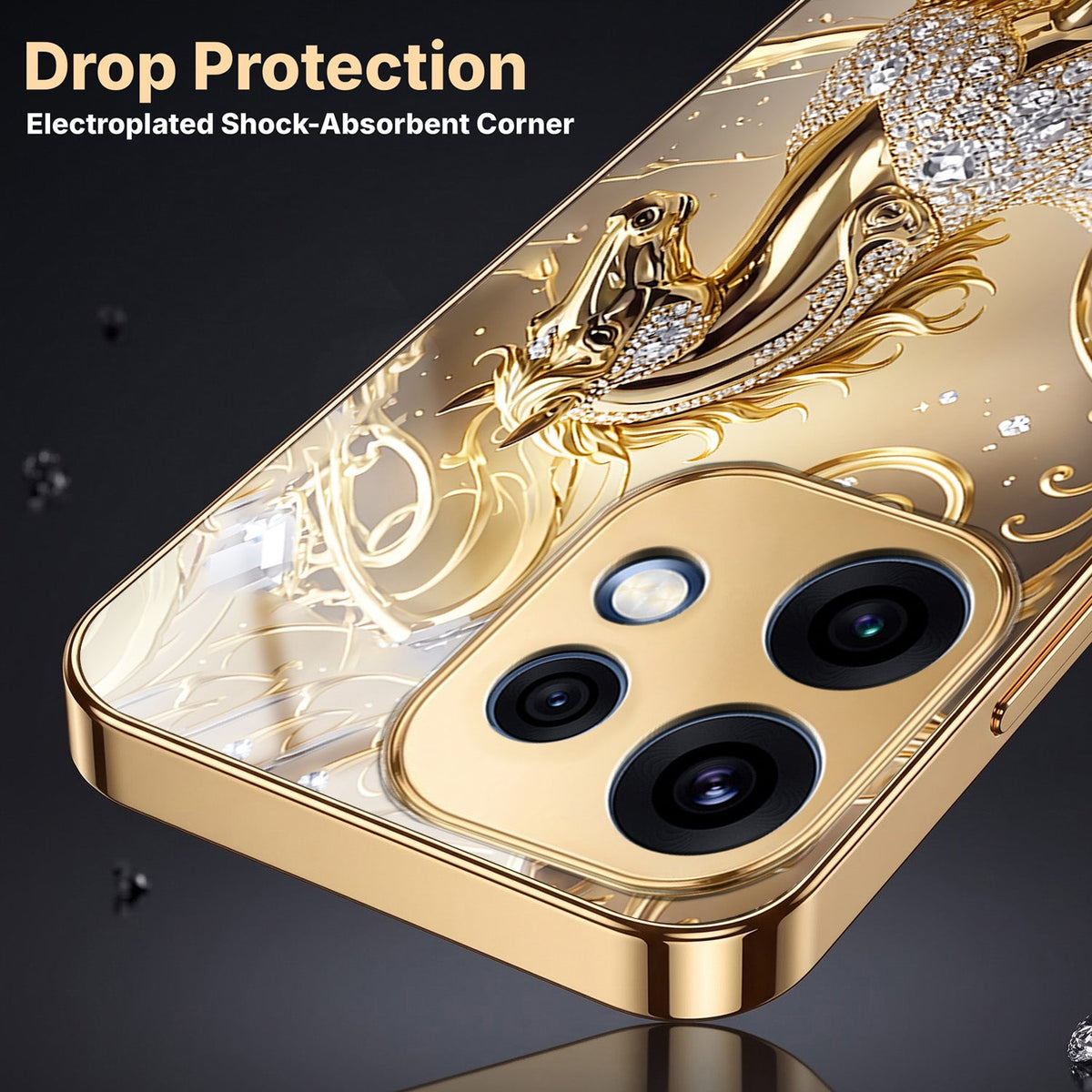 Oppo Reno 16 5G Luxury Horse Texture Gold Electroplated Glass Phone Back Case