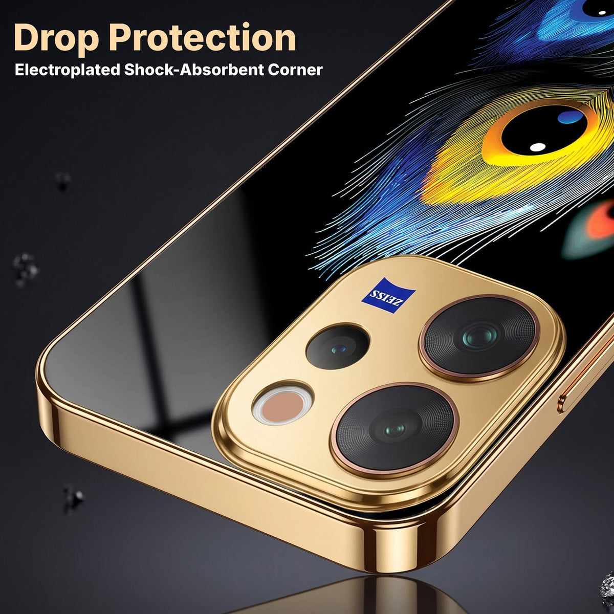 Vivo V70 5G Multi-Feather Peacock Gold Electroplated Glass Phone Back Case