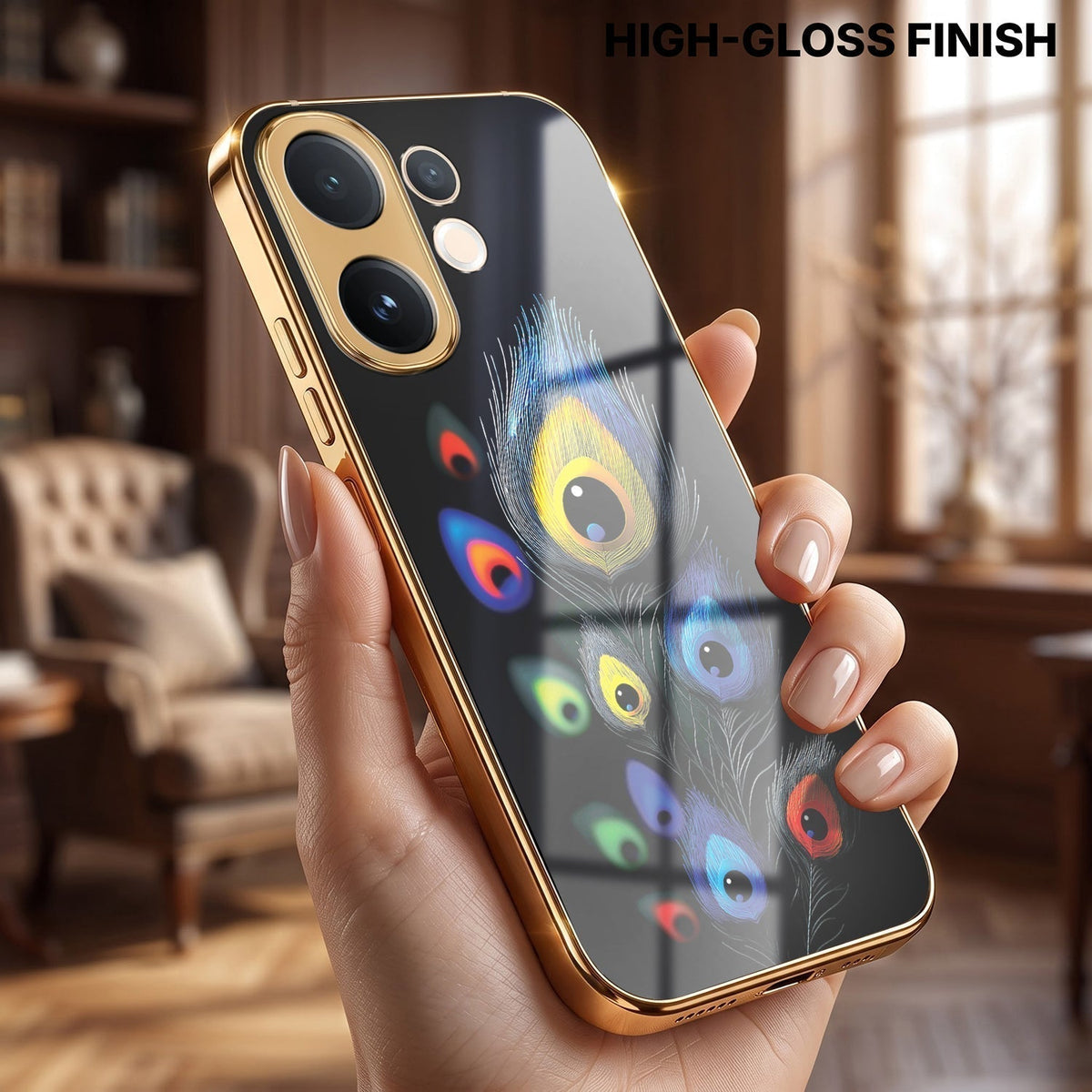 Vivo V60 5G Multi-Feather Peacock Gold Electroplated Glass Phone Back Case