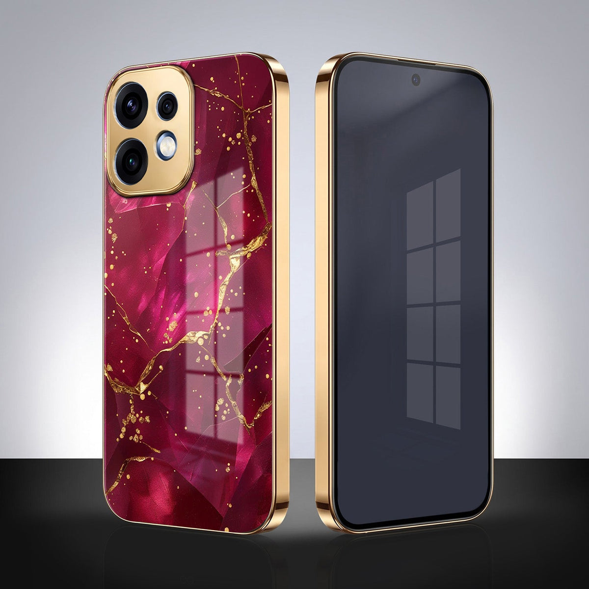 Oppo Reno 16 5G Luxury Crimson Marble Gold Electroplated Glass Phone Back Case