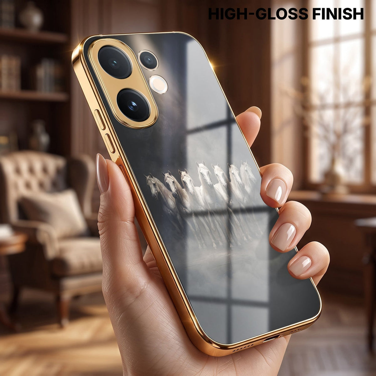 Vivo V60e 5G Running Horses Gold Electroplated Glass Phone Back Case