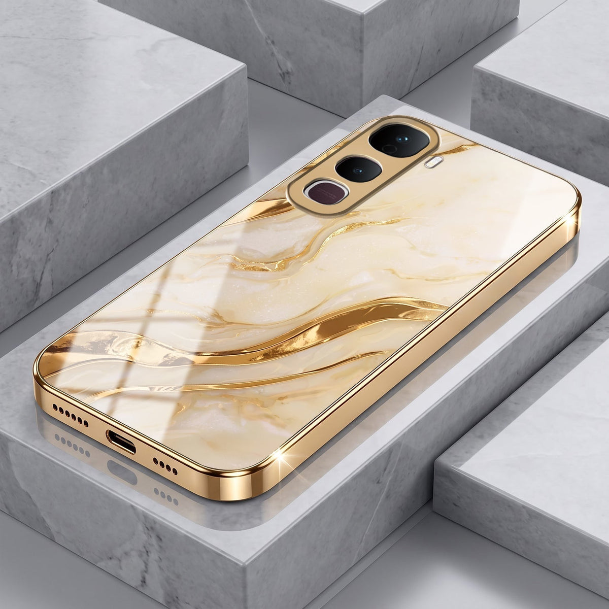 Vivo Y400 Pro 5G Marvel Texture Gold Electroplated Glass Phone Back Case