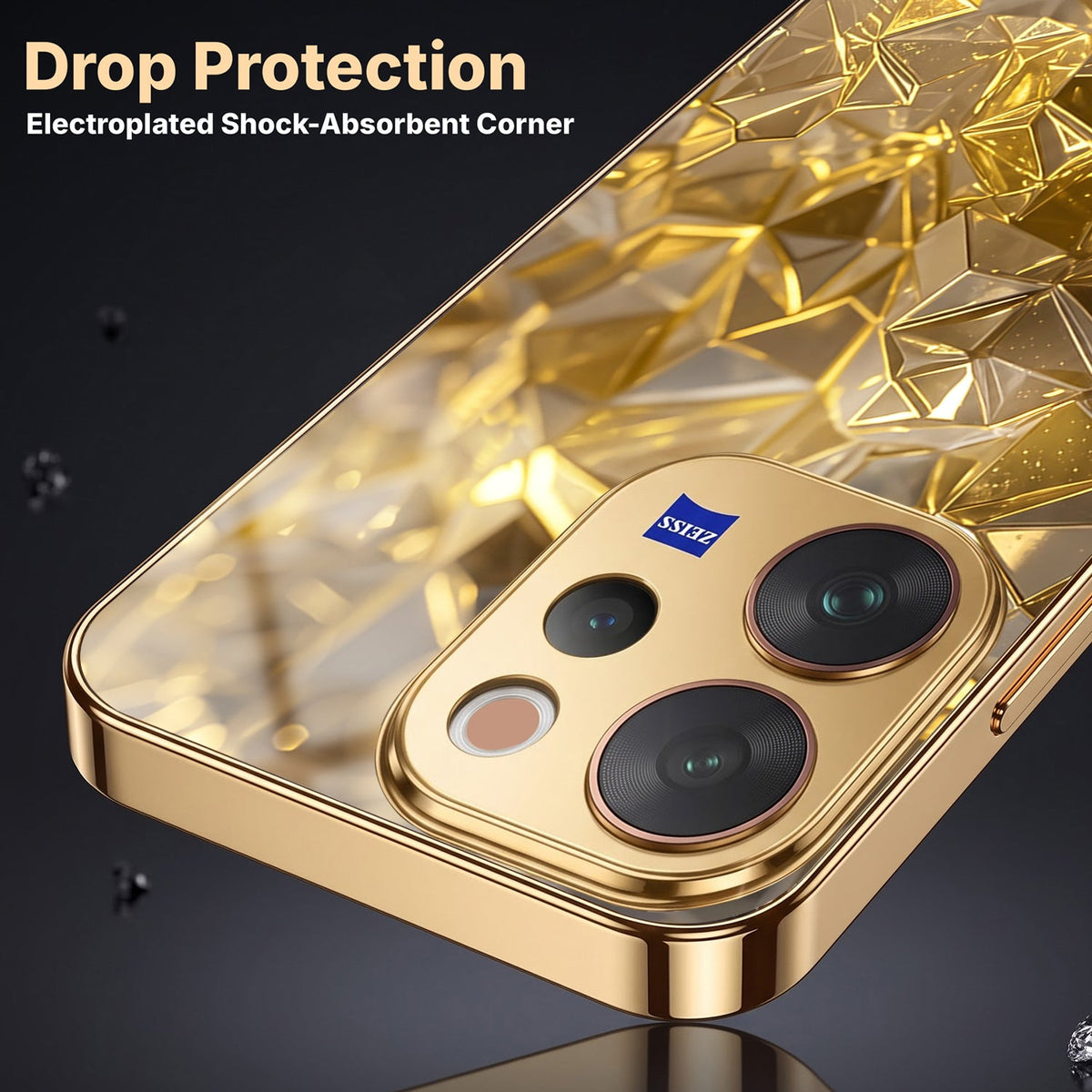 Vivo V70 5G Golden Diamond Shatter Gold Electroplated Glass Phone Back Case