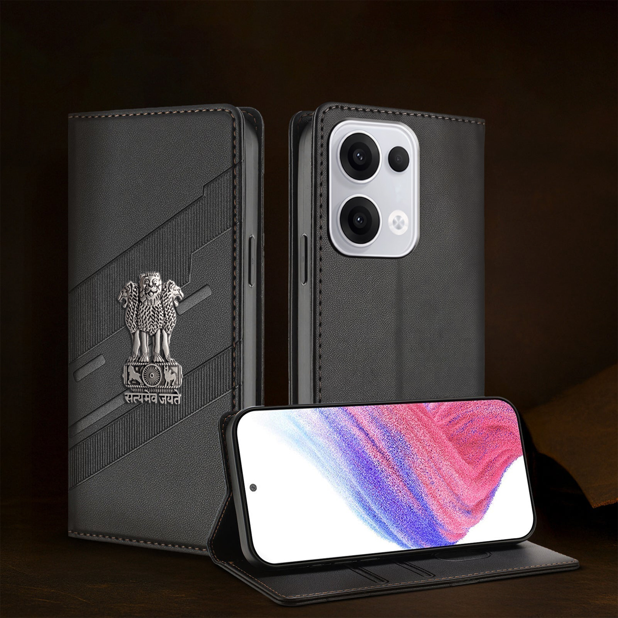 Oppo Reno 13 5G Satyamev Jayate 3D Emblem Magnetic Flip Wallet Case