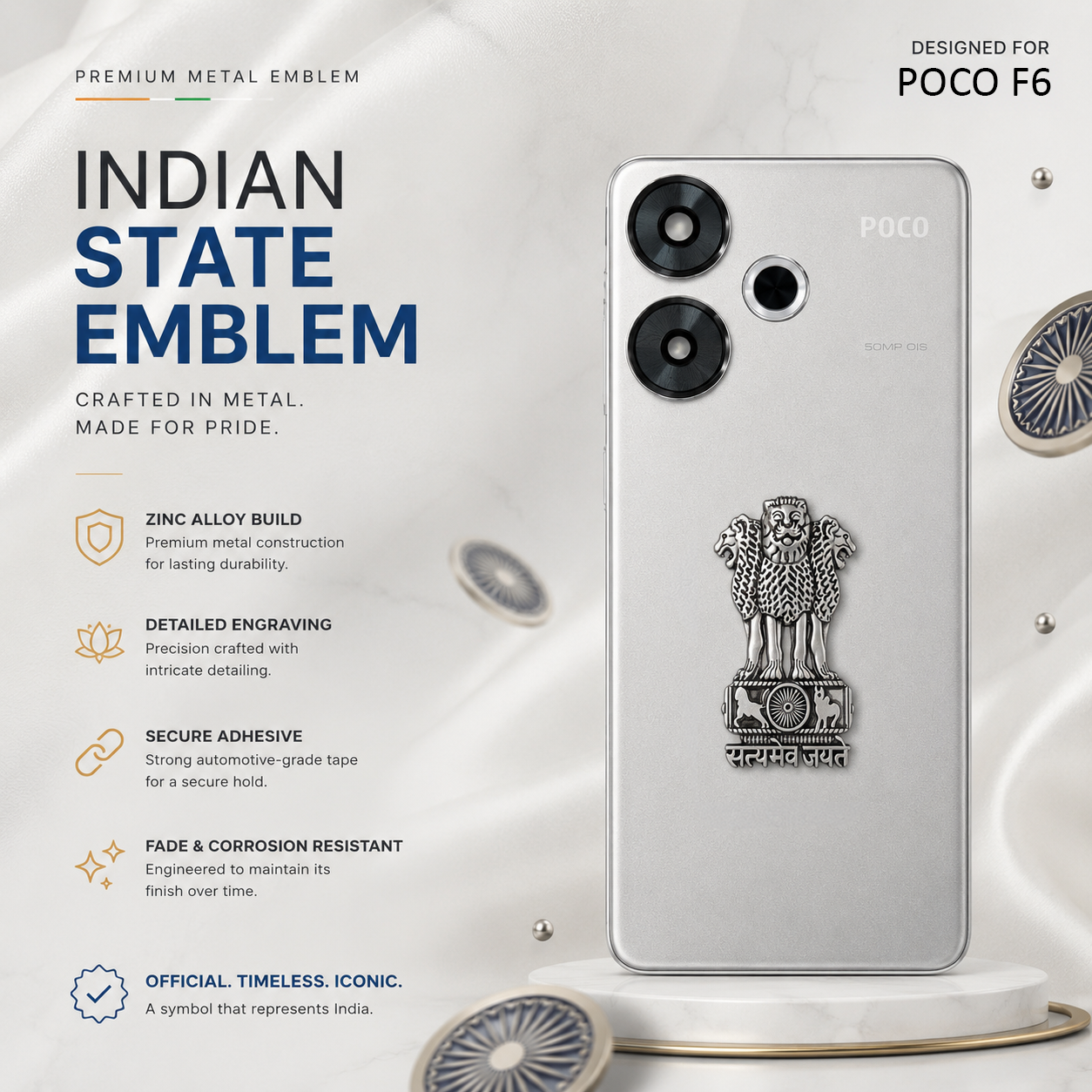 POCO F6 5G Compatible Satyamev Jayate 3D Metal Emblem Sticker