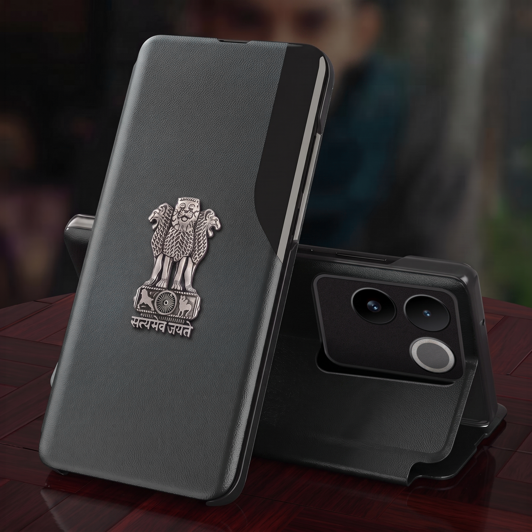 Vivo T2 Pro 5G Metal Emblem Satyamev Jayate Half Window Leather Flip Case