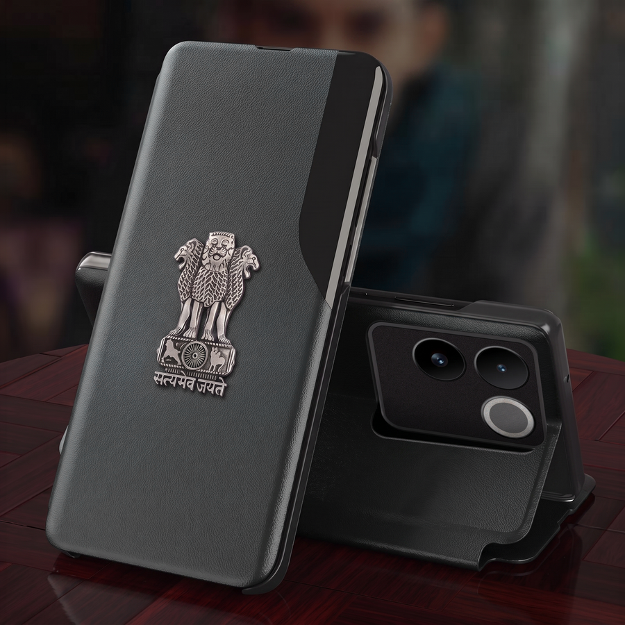 Vivo T2 Pro 5G Metal Emblem Satyamev Jayate Half Window Leather Flip Case