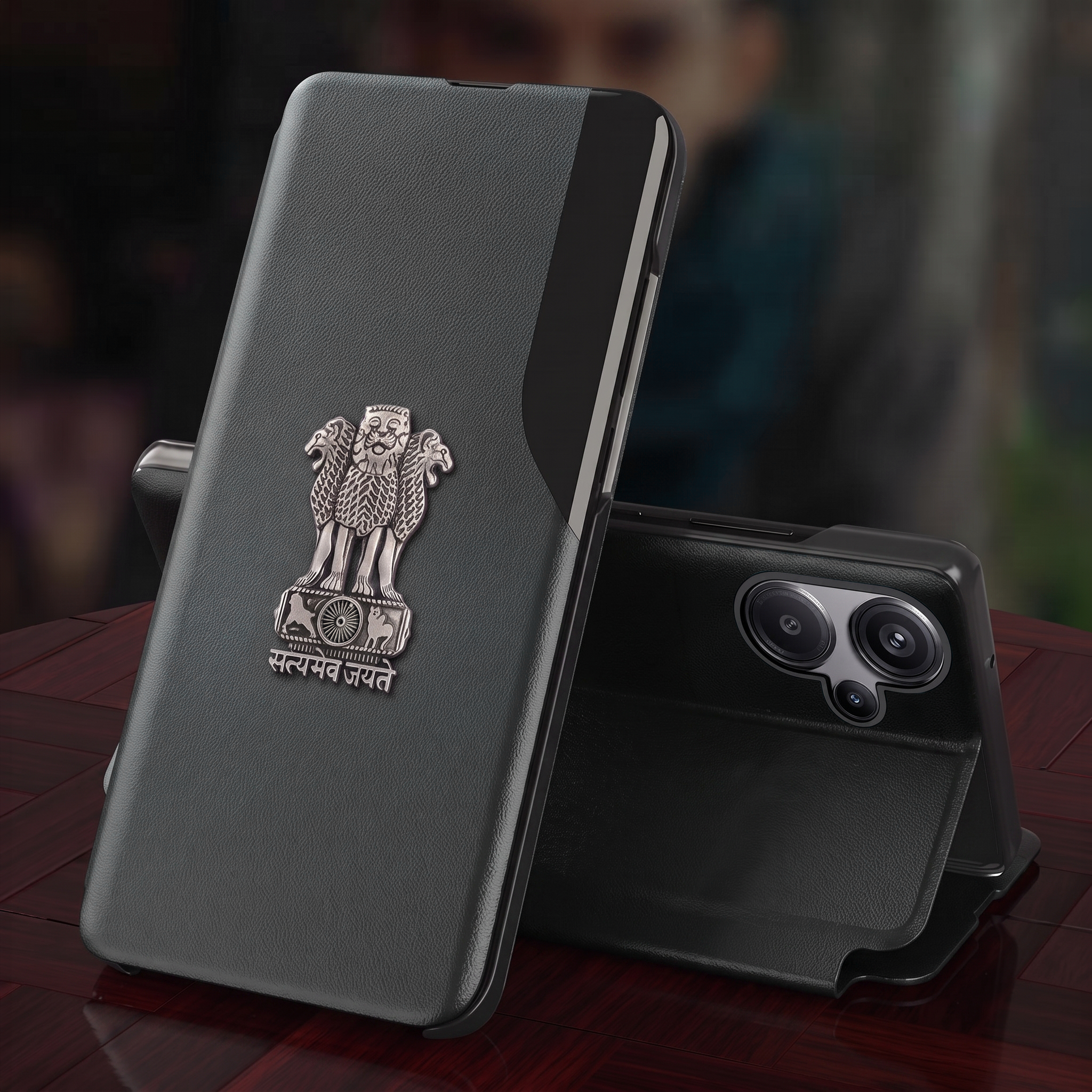 Redmi Note 13 Pro+ 5G Metal Emblem Satyamev Jayate Half Window Leather Flip Case