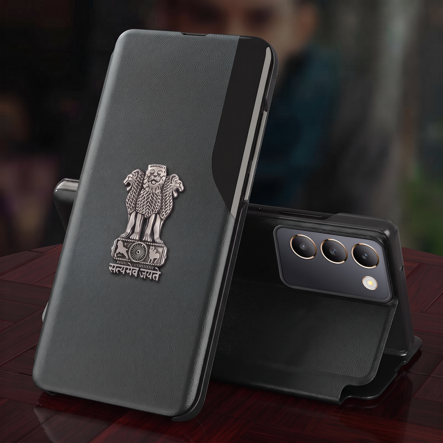 Vivo T3 5G Metal Emblem Satyamev Jayate Half Window Leather Flip Case