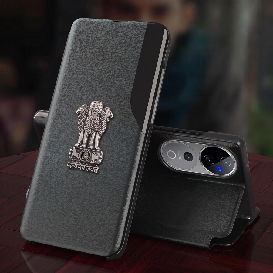 Vivo V40 Pro 5G Metal Emblem Satyamev Jayate Half Window Leather Flip Case