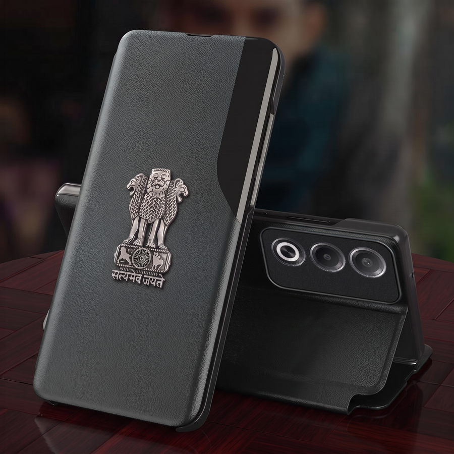 Oppo A3 Pro 5G Metal Emblem Satyamev Jayate Half Window Leather Flip Case