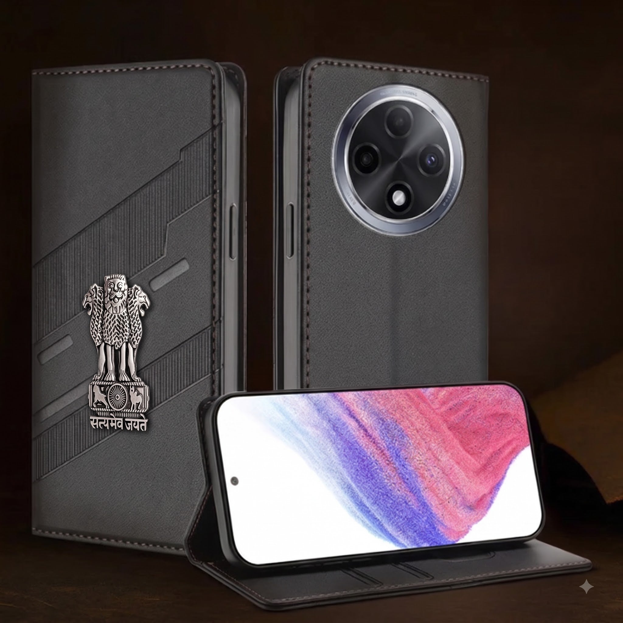 Oppo F27 Pro Plus 5G Satyamev Jayate 3D Emblem Magnetic Flip Wallet Case