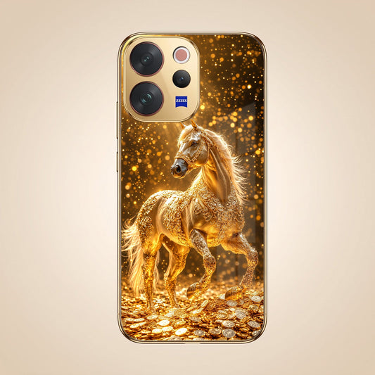 Vivo V70 5G Golden Horse Sparkle Gold Electroplated Glass Phone Back Case