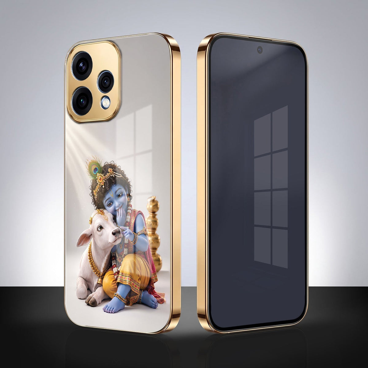 Oppo Reno 15 5G Bal Krishna Blessings Gold Electroplated Glass Phone Back Case