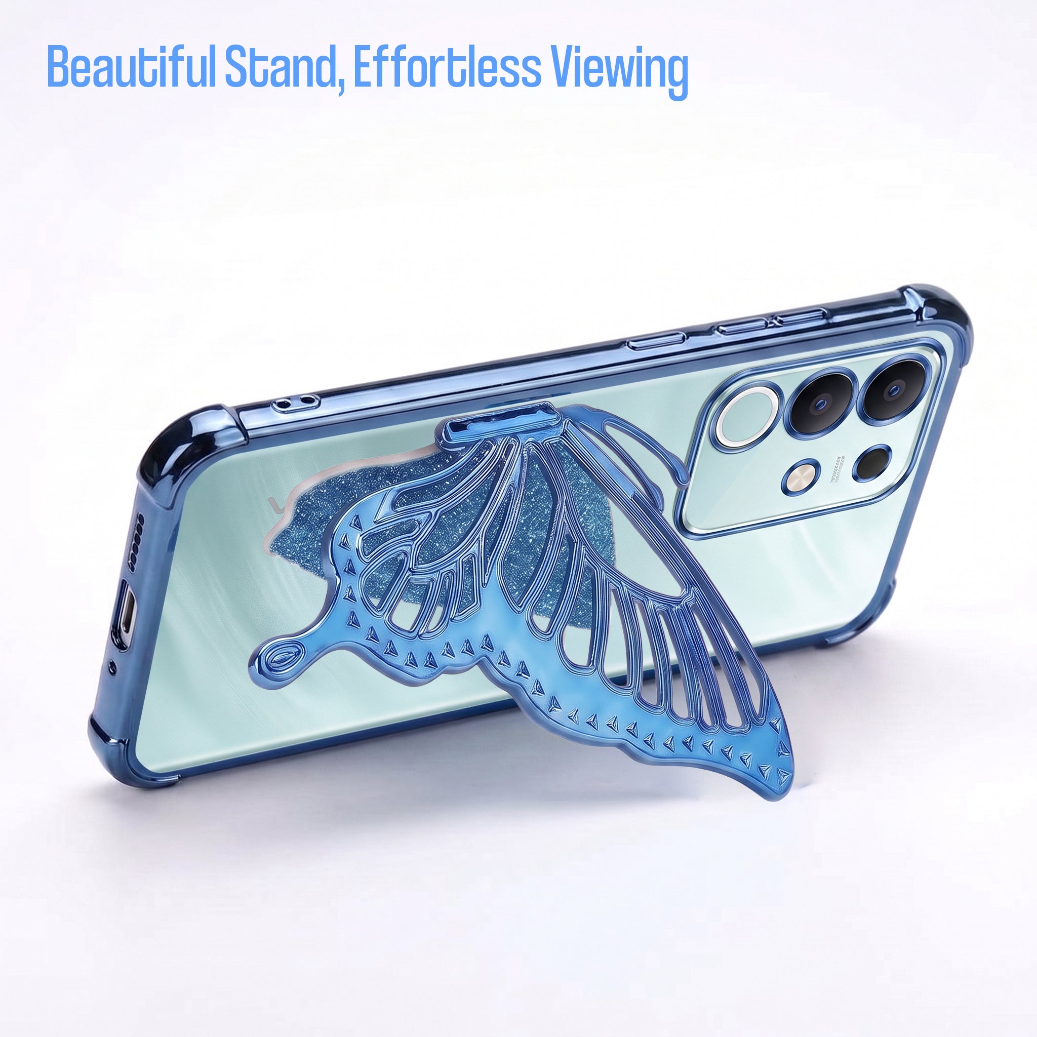 Vivo T4x 5G Premium Butterfly Glitter Stand Transparent Shockproof Airbag Phone Case