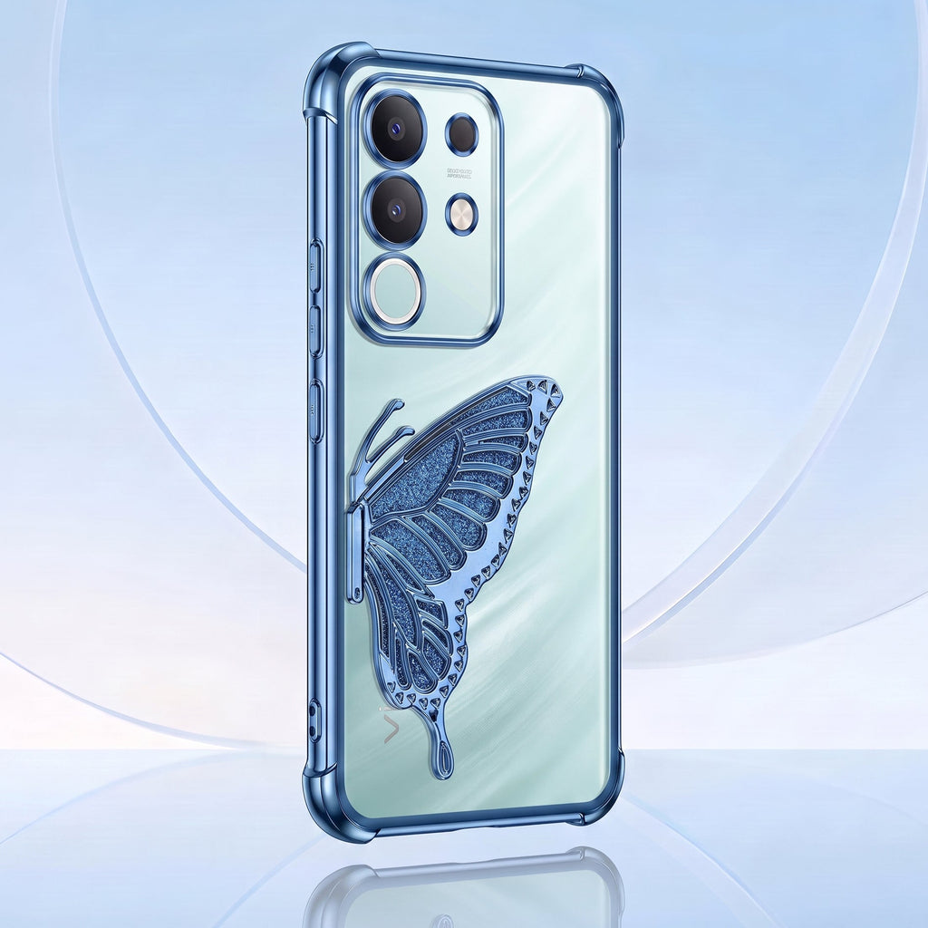 Vivo T4x 5G Premium Butterfly Glitter Stand Transparent Shockproof Airbag Phone Case