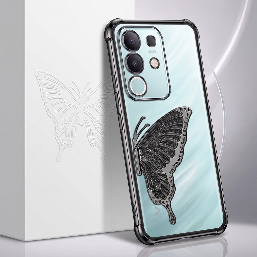 Vivo T4x 5G Premium Butterfly Glitter Stand Transparent Shockproof Airbag Phone Case