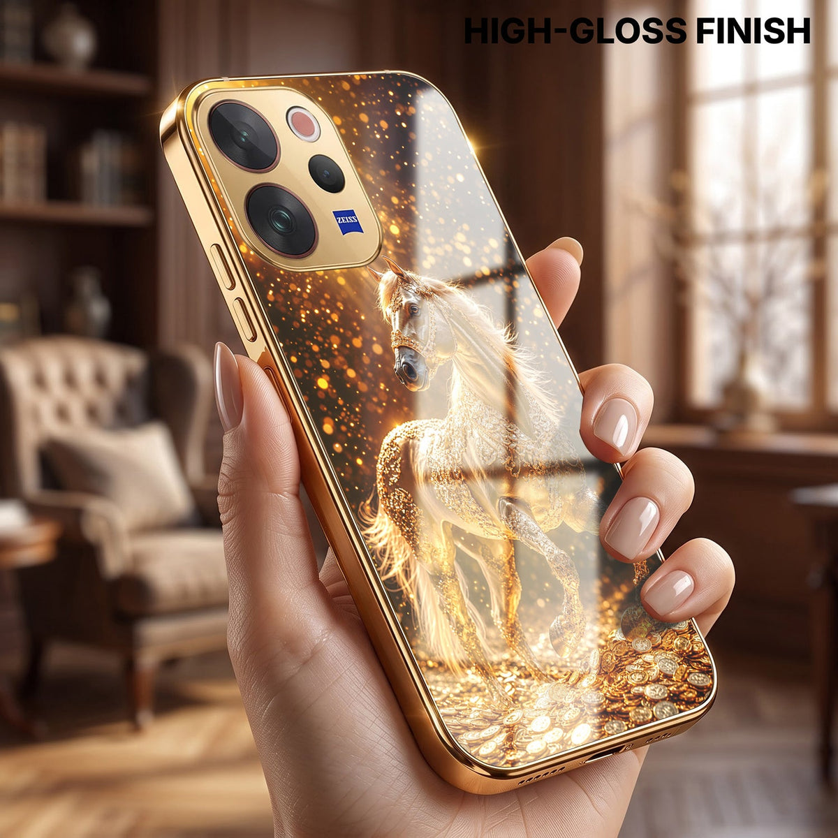 Vivo V70 5G Golden Horse Sparkle Gold Electroplated Glass Phone Back Case